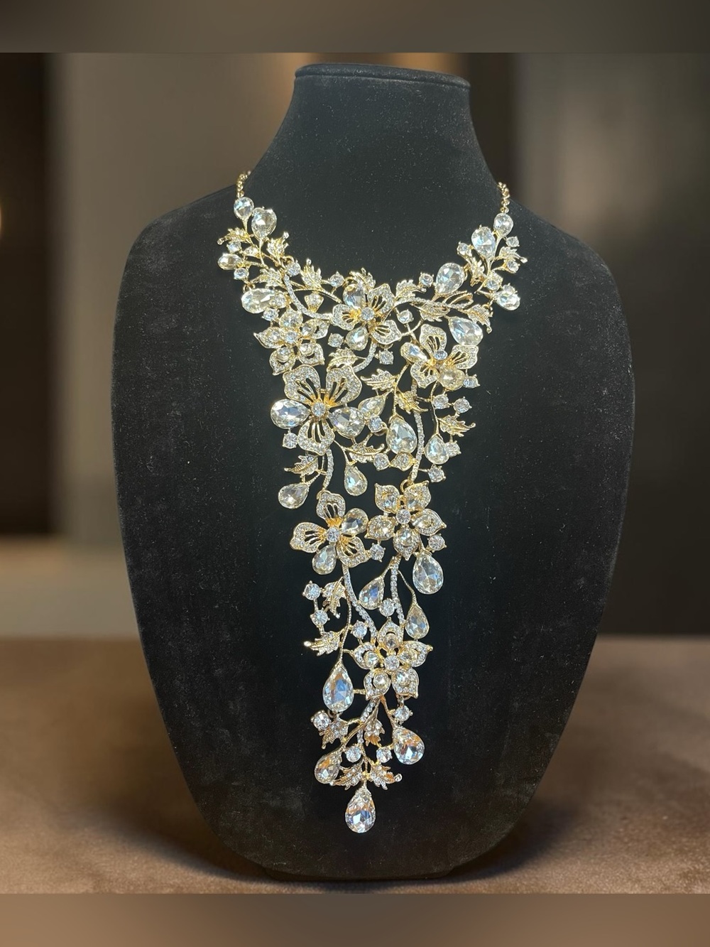 Natasha Couture Clear Crystal Gold Tone Cascading Floral Statement Necklace